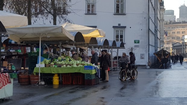 People buying sauerkraut on market in Ljubljana