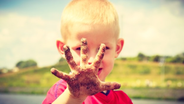 Child little blonde boy kid playing outdoor showing dirty muddy hands