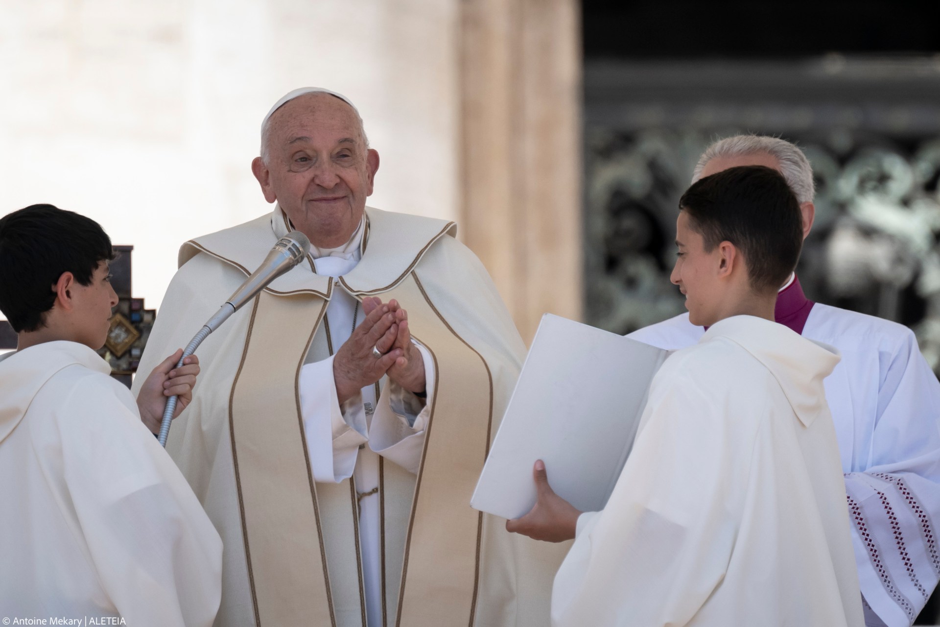 Pope Francis celebrates a mass on World Children's Day at St Peter's Basilica in the Vatican on May 26, 2024